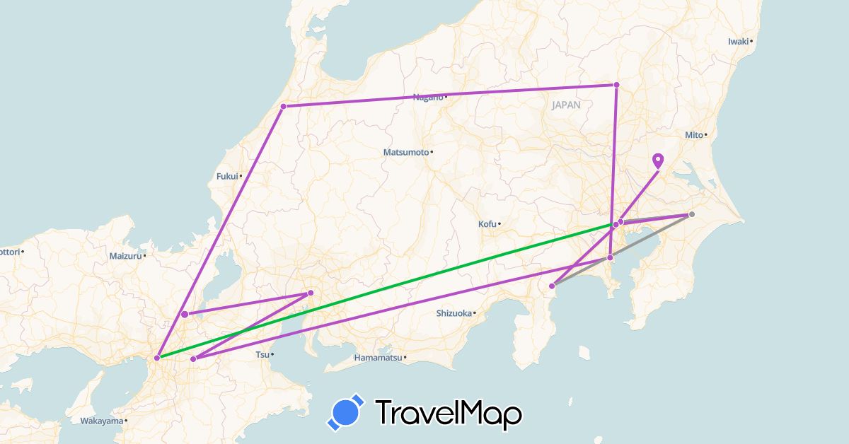 TravelMap itinerary: bus, plane, train in Japan (Asia)